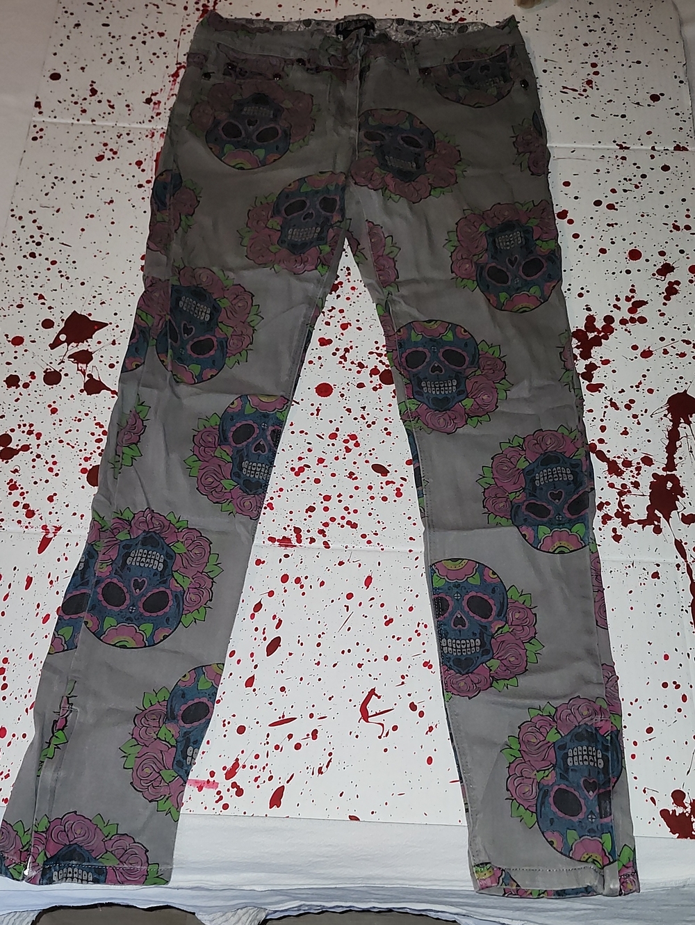 Iron Fist Gray Skinny Jeans with Pink & Green Skull Floral Print